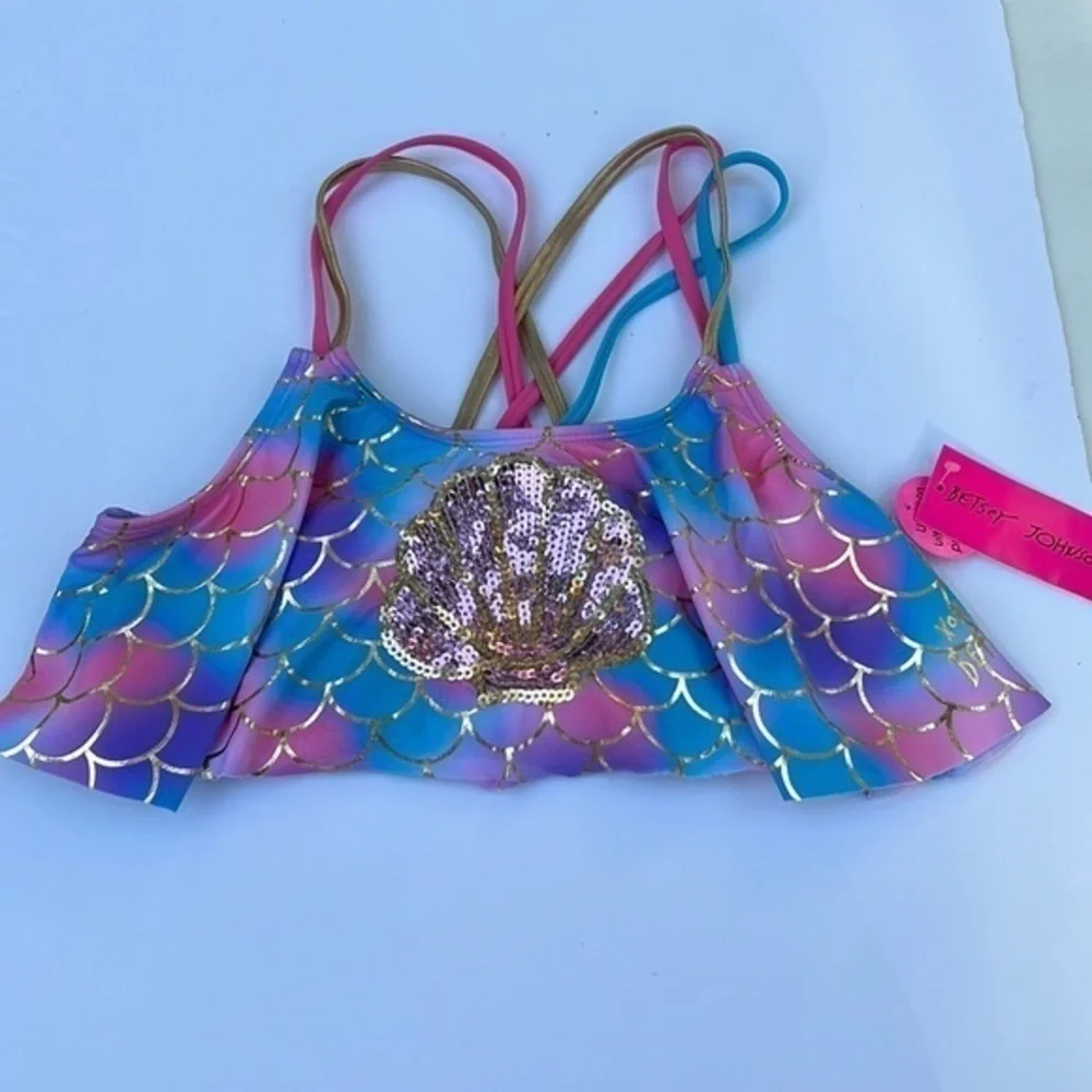 Betsey Johnson Gold Leme Mermaid Bikini Top Sequined Seashell GIRLS XL 14 NEW